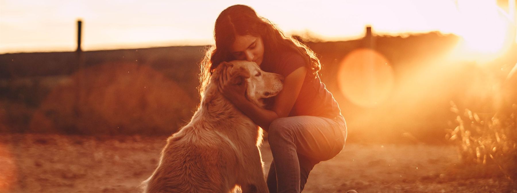 Vrouw knuffelt haar hond in het avondlicht